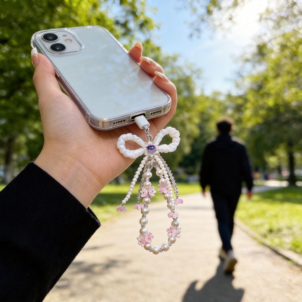 Elegant Pvc Butterfly Bow Pearl Phone Lanyard For Women And Men