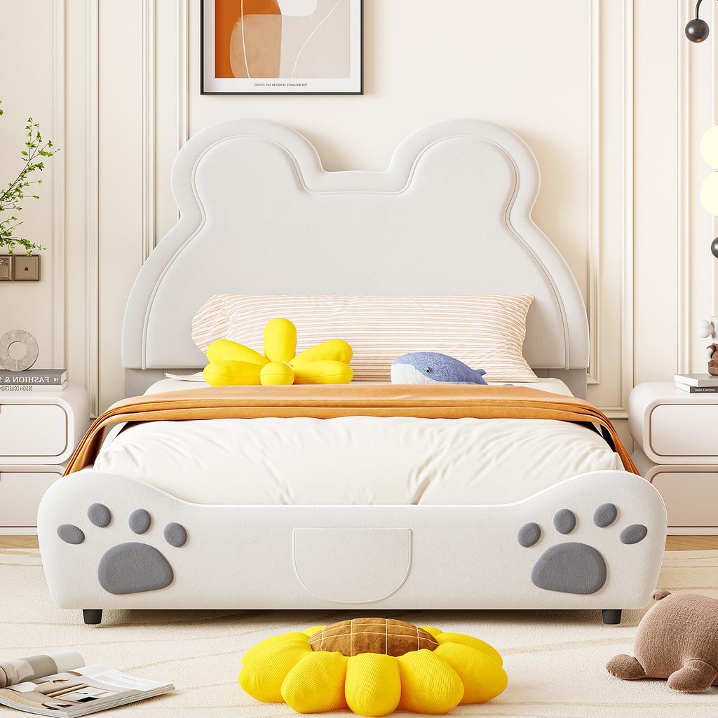 Upholstered Bed Beautiful Children's Bed, 140 x 200 cm, Bear Shape. Single Bed made of Skin-Friendly Velour, White
