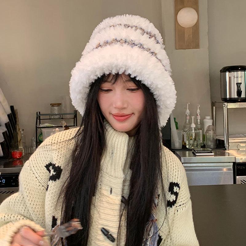 Autumn and Winter Plush Hat, Ear Protection, Headgear, Striped Color Matching Knitted Hat, Warm and Face-showing, Versatile Strap, Pullover Hat