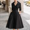 Women's Collared V Neck Long Sleeve Midi Dress Slim Fit Elegant Pleated A Line Formal Swing Dress