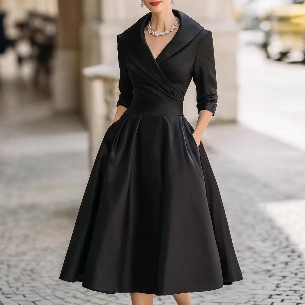 Women's Collared V Neck Long Sleeve Midi Dress Slim Fit Elegant Pleated A Line Formal Swing Dress
