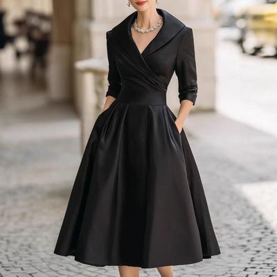 Dámské Midi Šaty s Límcem a Výstřihem do V, Dlouhým Rukávem, Úzkého Střihu, Elegantní, Skládané, Áčkové, Formální, Rozšířené