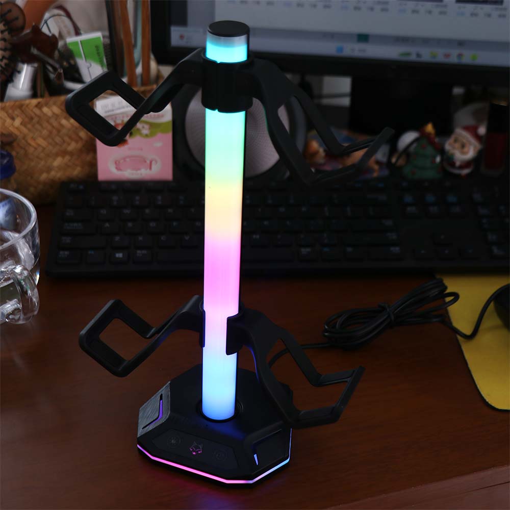 Black Gaming Headset Display Rack Dual USB Ports Controller Holder Headphone Bracket for Home