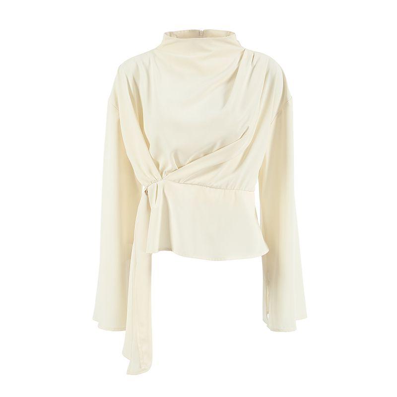 

Fashion Creamy-white Half Turtleneck Chiffon Shirt French Elegance Irregular Long Sleeve Shirt Silm