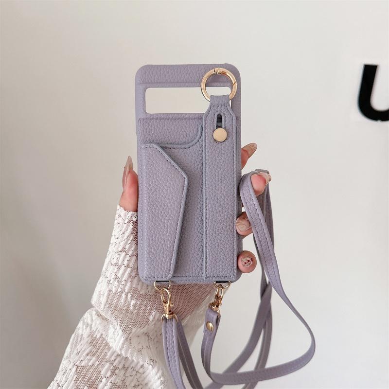 For Google Pixel 8 9 10 Pro XL Case PU Leather Wristlet Card Bag Grip Strap Shoulder Long Crossbody Lanyard Ring Clasp Cover