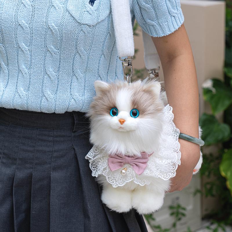 Rotatable Head Realistic Cat Shaped Plush Backpack Skin-friendly Handcrafted Simulation Animal Handbag Large Capacity Pet Bag