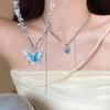 Fashion Blue Butterfly Heart-Shaped Pendant Necklace for Women Girls Exquisite Multi Layer Chain Tassel Crystal Necklace Jewelry
