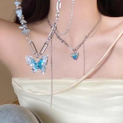 Fashion Blue Butterfly Heart-Shaped Pendant Necklace for Women Girls Exquisite Multi Layer Chain Tassel Crystal Necklace Jewelry