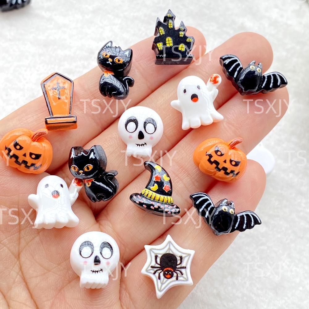 20 Stück Harz Bunt 3D Cartoon Halloween Schädel, Fledermaus, Geist, Schwarze Katze, Spinne Figur Dekoration DIY Halloween Scrapbooking Bastelarbeiten