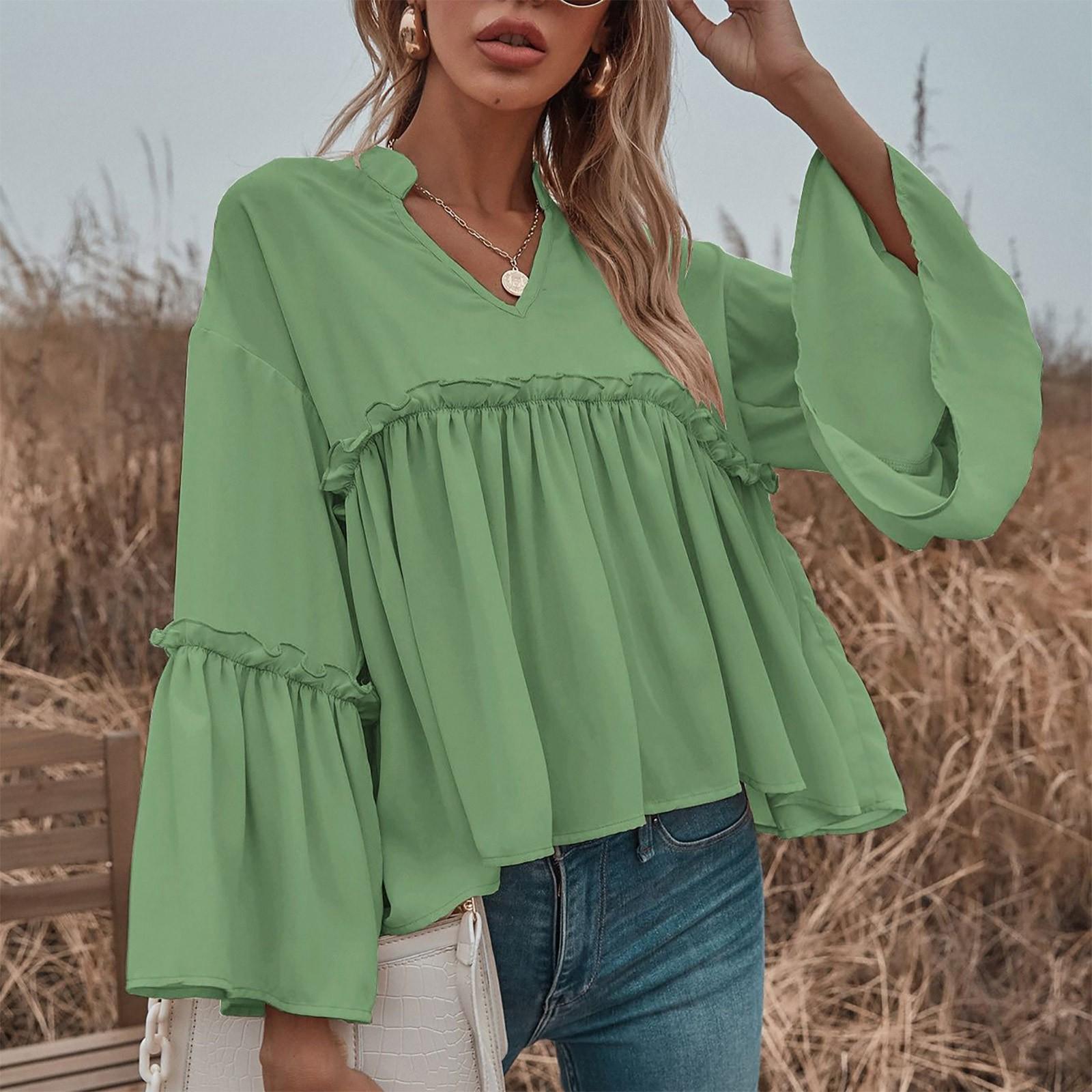 

Женский модный повседневный однотонный шифоновый топ с v-образным вырезом и расклешенными рукавами M зелёный