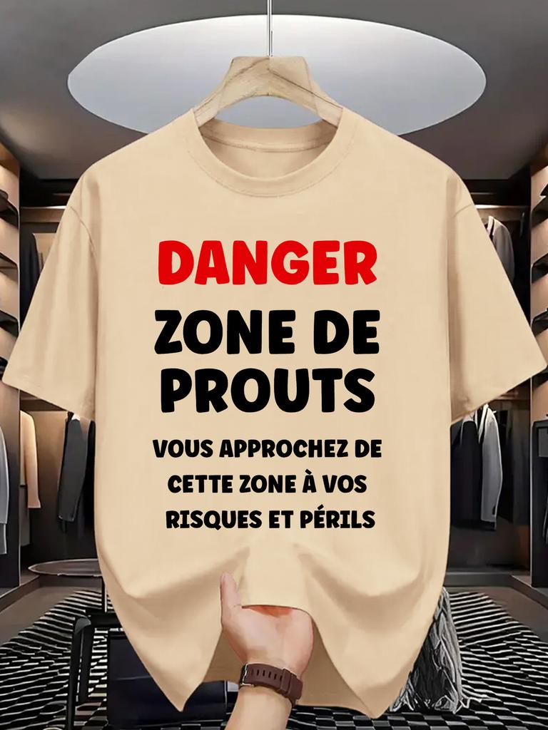 Unisex Crew Neck Tee Danger Funny French Text Print Cotton Short Sleeve Loose Summer Street Breathable Daily Casual Basic Wear Top