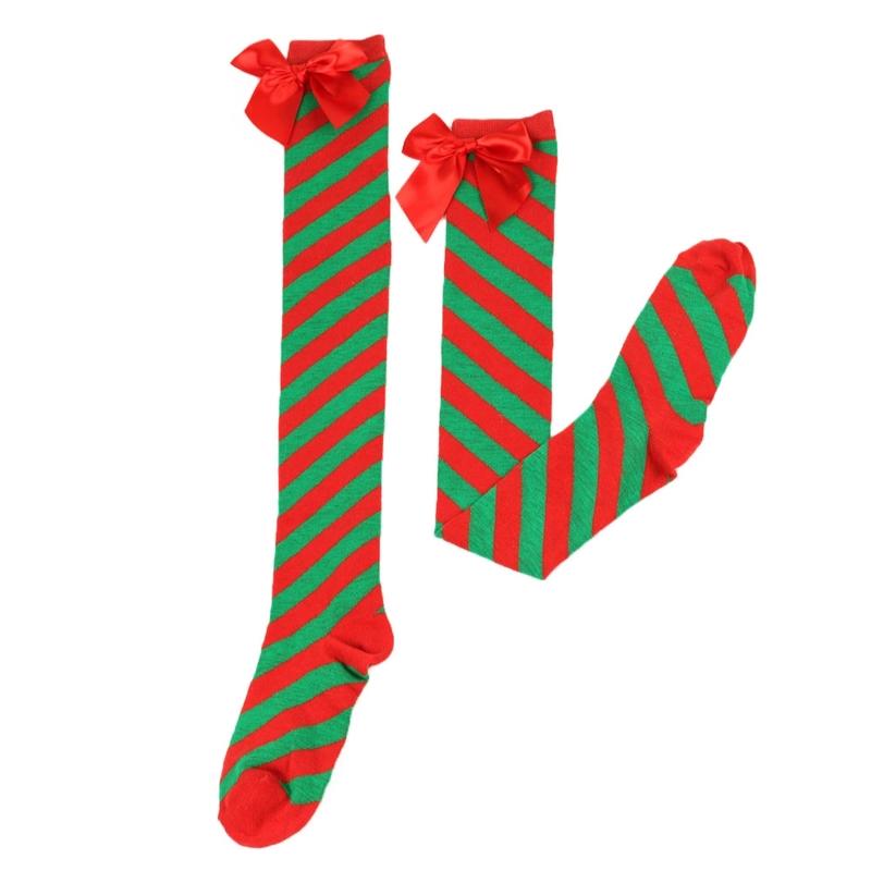 Striped Stockings For Women Over The Knee Long Socks Christmas Green Red Bowknot Long Socks Female Leg Stocking