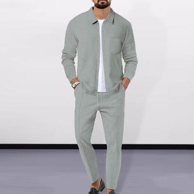 Einknöpfiges Oberteil und Hose Set Herren Alltag Waffelmuster Zweiteiliger Anzug mit Langarm-Oberteil Kordelzug für das Büro