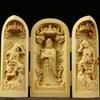 Boxwood Western Tři svatí Buddha Guanyin Masivní dřevo Přenosná třípanelová řezbovaná ozdoba
