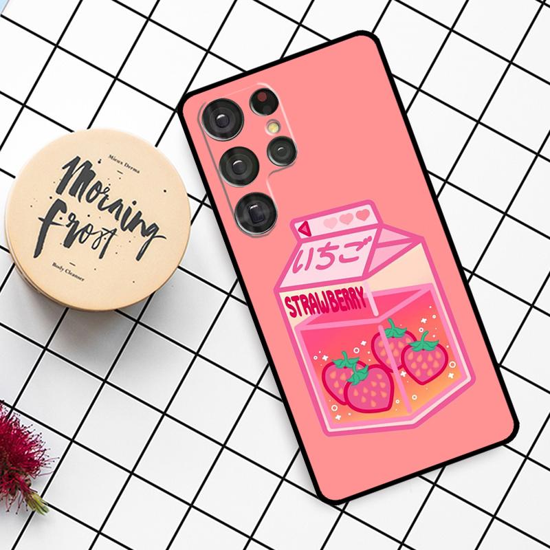 Cute Strawberry Milk Box Case For Samsung Galaxy S25 Ultra S23 S22 S21 S20 S24 Ultra S9 S10 Plus S25 FE Phone Cover
