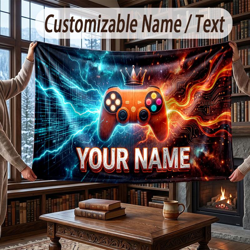 Game Controller Theme Throw Blanket Custom Name Text Personalized Blanket Soft Cozy Blanket for Home Sofa Bed