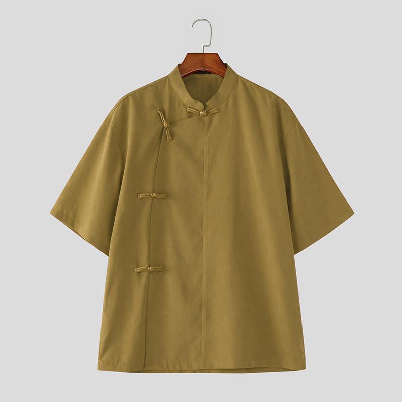 INCERUN Vintage Men Summer Stand Neck Short Sleeve Side Buttons Casual Traditional Style Shirts M хаки