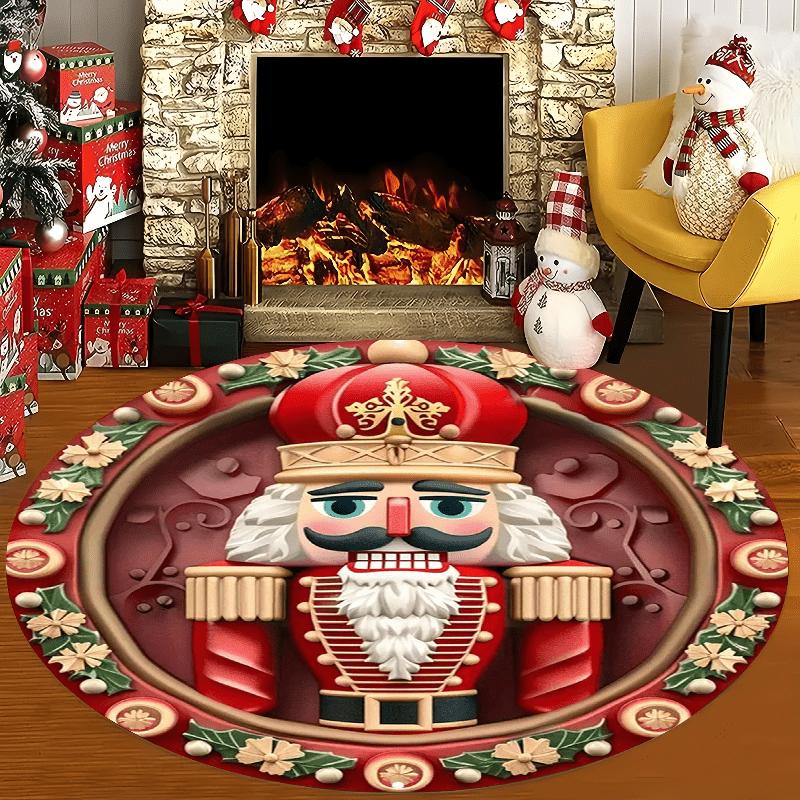 1pc Christmas Nutcracker Pattern Round Rug, Non-slip Floor Mat for Living Room, Bedroom, Bathroom, Holiday Home Decoration 80cmx80cm