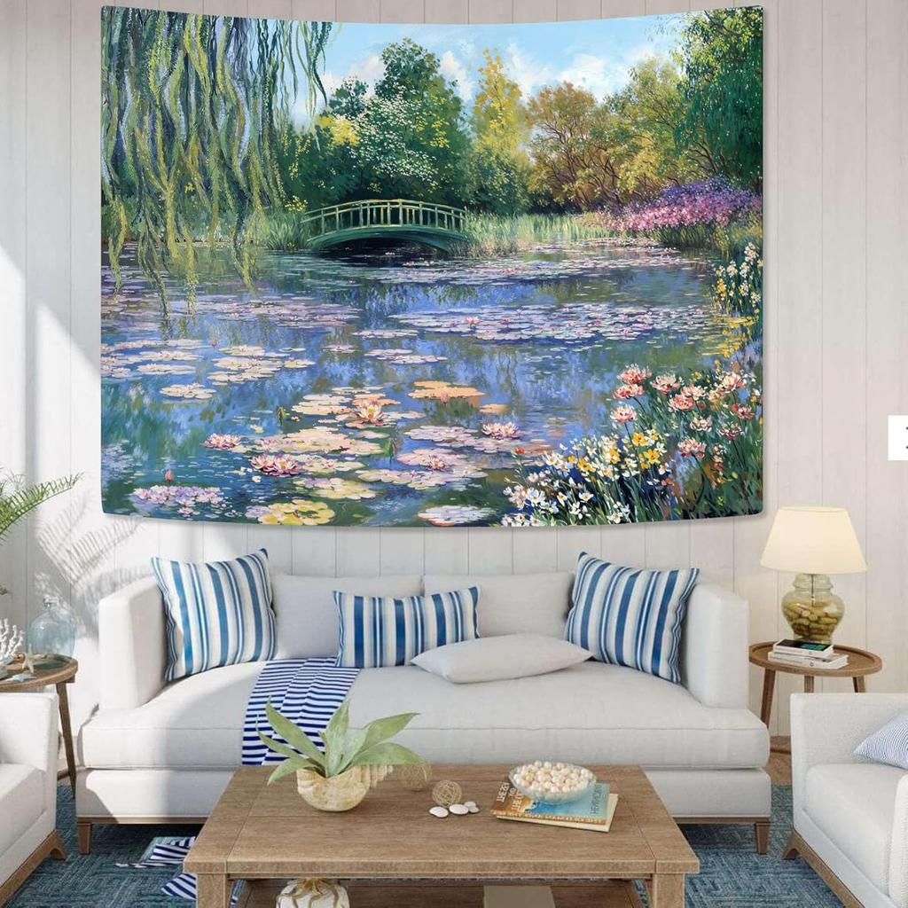 Monet Water Lilies Tapestry Green Floral Plant Tapestries Aesthetic Monet Wall Art Posters Nature Flower Garden Landscape Small