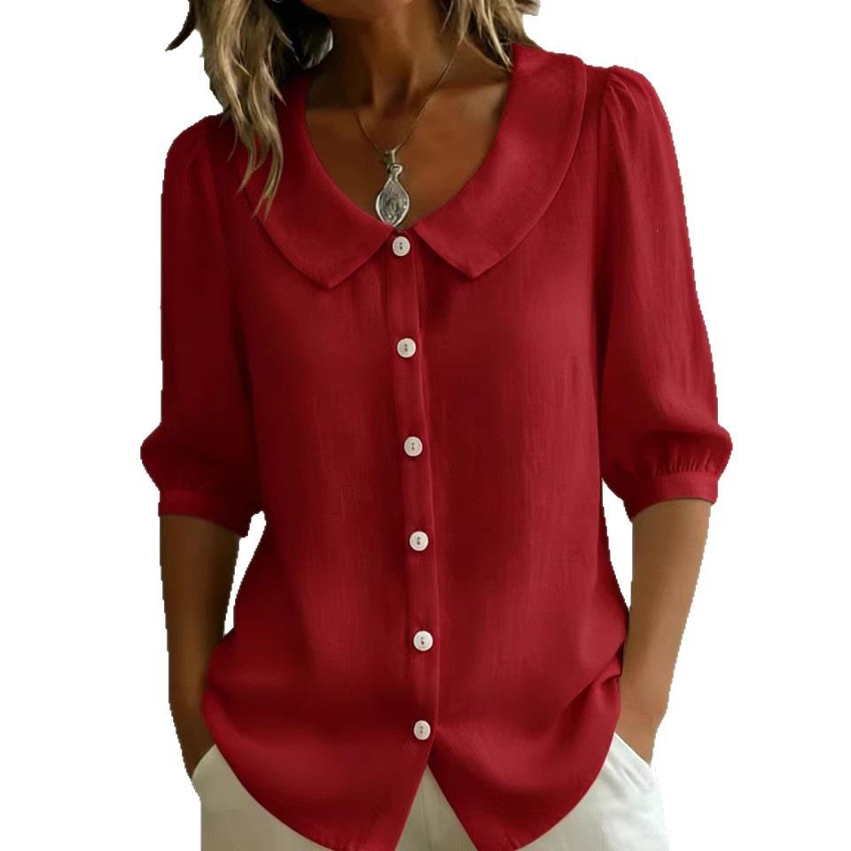 2026 European & American Cross-border Niche Design Linen V-neck Short Sleeve Loose Summer Shirt for Women