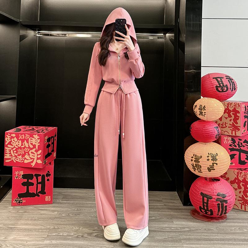 

Women s Pink Hooded Sweatshirt and Wide-Leg Pants Two-Piece Spring/Autumn Casual Set Extra Large