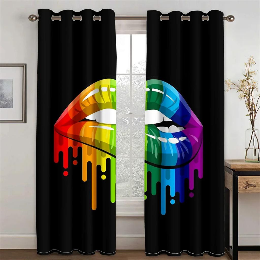 3D Sexy Rainbow Abstract Art Mouth Girl Light Filtering Drapes Window Curtains for Living Room Bedroom 2 Pieces Decor