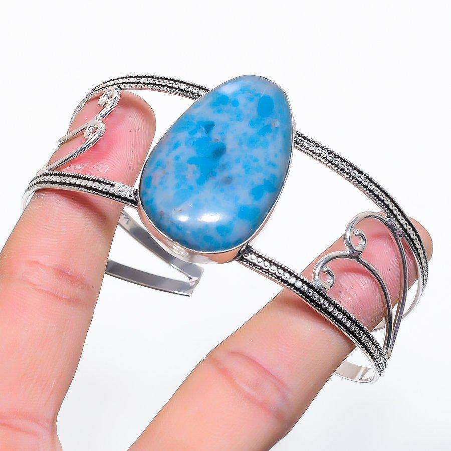 Natural Larimar Gemstone 925 Sterling Silver Cuff Bangle Adjustable V4K75