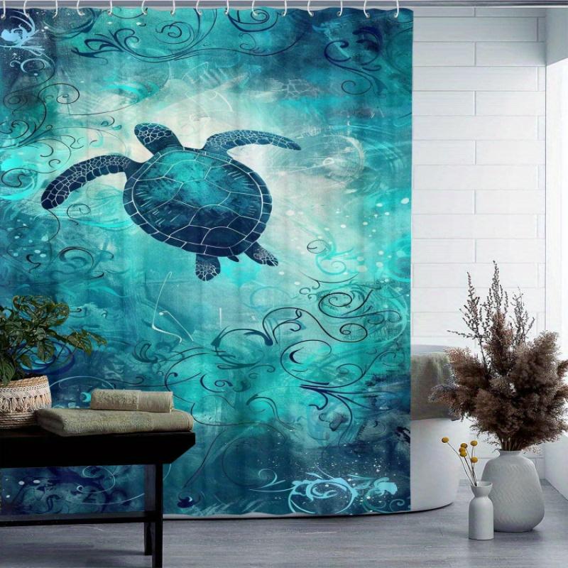 Waterproof Non-Woven Shower Curtain with Sea Turtle Pattern, Artistic Ocean Theme Bathroom Decor, with Hooks, Machine Washable
