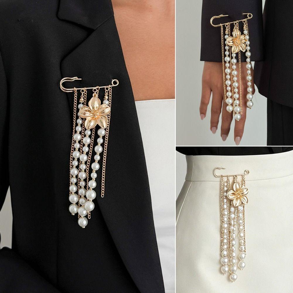 Flower Long Tassel Brooch Pearl Waist Cinching Fixed Pin Exquisite Multi-layer Chains Pin Women