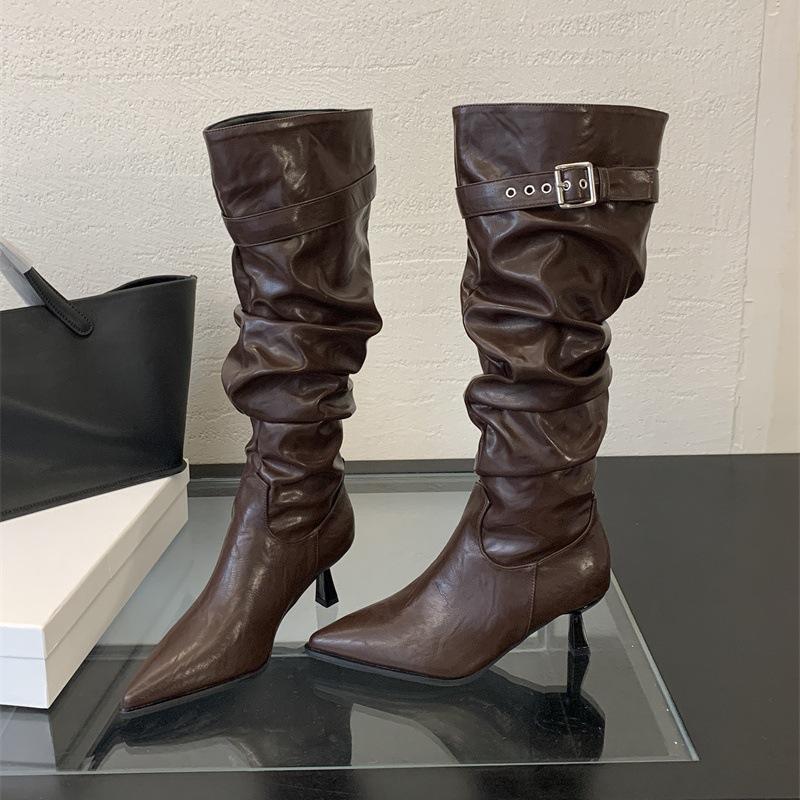 Autumn and winter new niche thin knight boots pointed boots women's belt buckle high boots temperament versatile fashion single boots