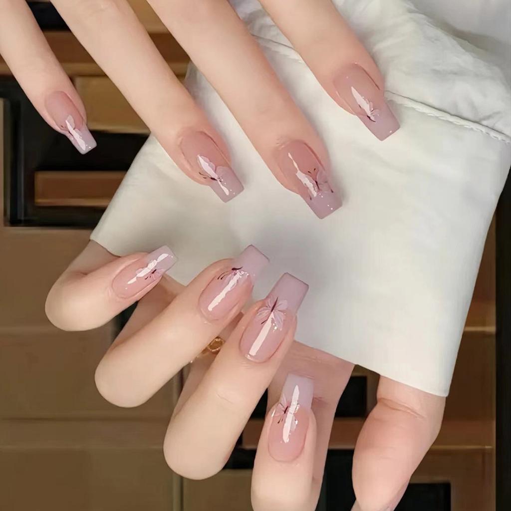 24 Pcs Long Ballerinas False Nail Butterfly Press on Nail Acrylic Nail French Tip Stick on Nail Manicures Supplies