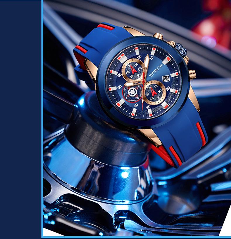 Sanda Men's Six-Needle Quartz Chronograph Calendar Silicone Strap Watch
