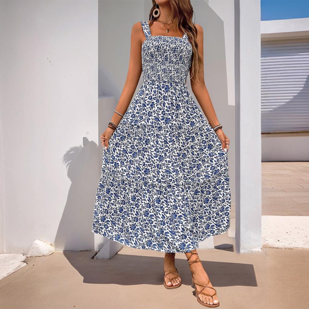 Summer New Printed Maxi Dress, Sleeveless Spaghetti Strap Elastic High Waist Long Sundress, Leisure Casual Dress for Women
