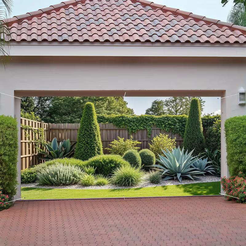 Sunlit Patio Garden Tapestry, Lush Agave Plants & Ivy-Covered Fence Print Wall Hanging