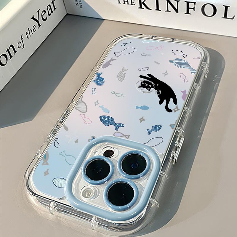 Black cat and fish for iPhone17promax cream mirror phone case oil 16 brand new 15 cartoons 14