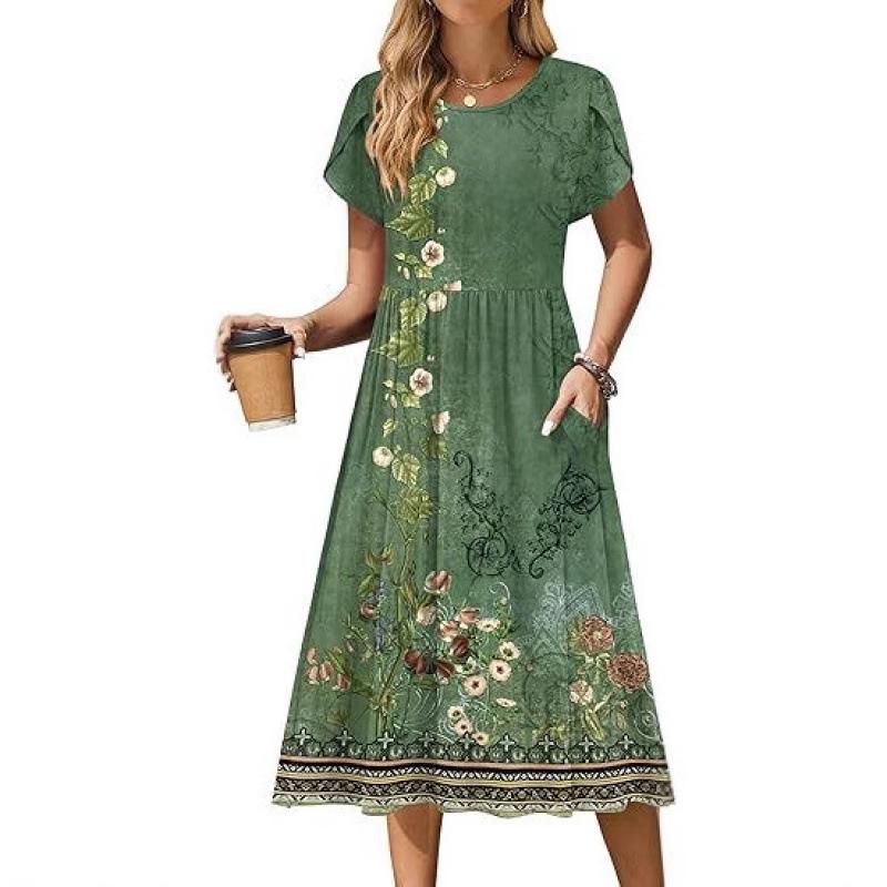 Women Casual Floral Print Long Sleeve Round Neck Maxi Dresses Floral Casual Ethnic Style Loose Long Dress