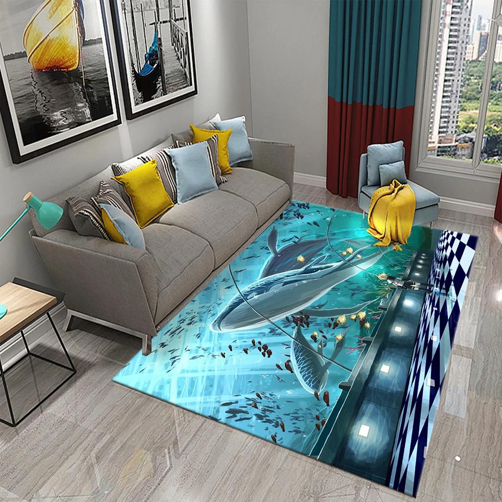 3D Cartoon Whale Carpet Large Rug for Living Room Bedroom Decor Floor Rugs Bathroom Kitchen Entrance Door Non-slip Mat Area Rug