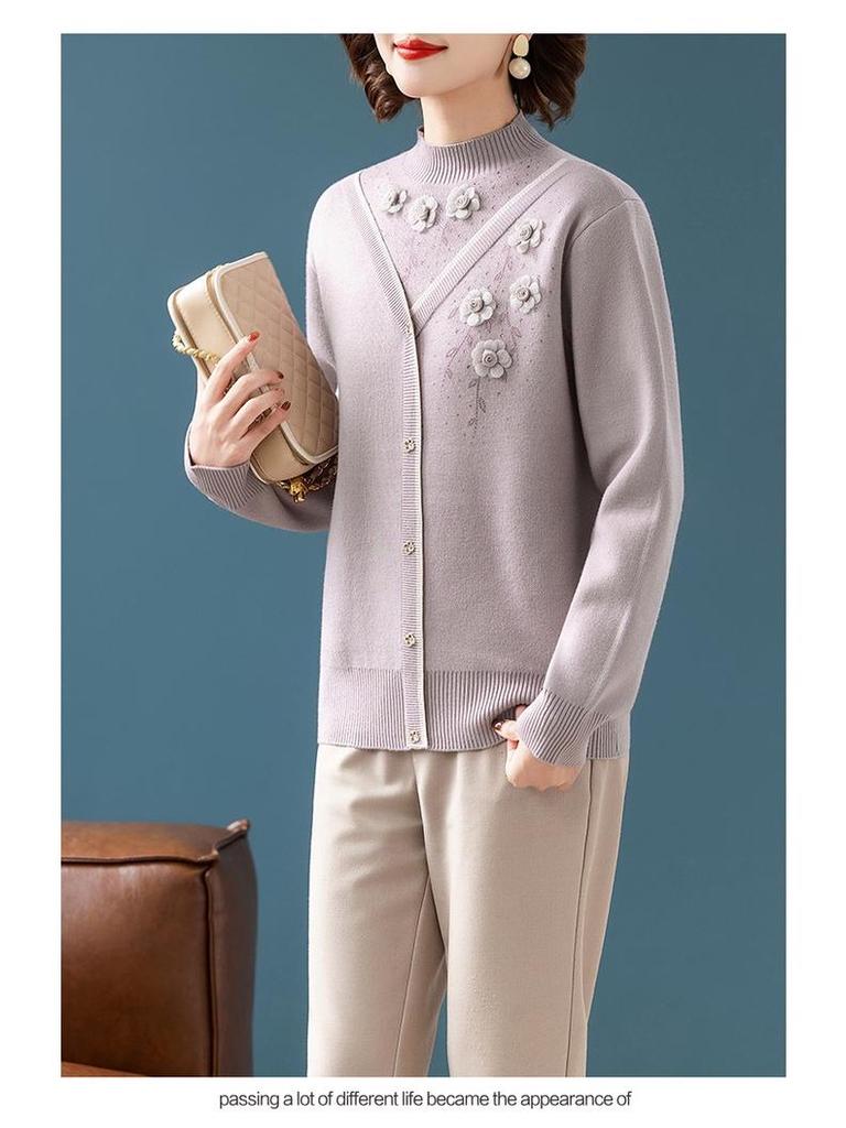 Mom's Winter Plus Velvet Layered Half-High Collar Sweater for Middle-Aged and Elderly Women - Warm Knitwear Base Layer