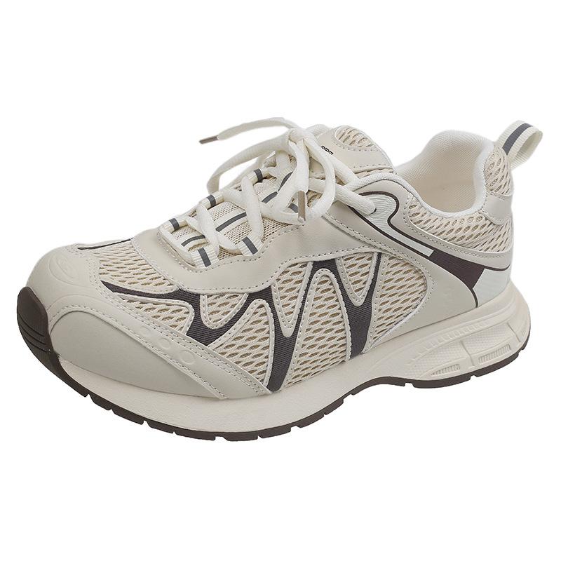 Leather mesh Forrest Gump shoes women's 2025 summer new round head thick sole thin breathable lightweight casual sports shoes tide