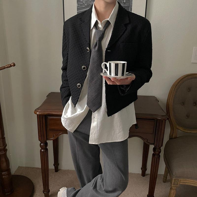 College Style Short Coat Men's Spring Loose Top Korean Style Suit Collar Jacket