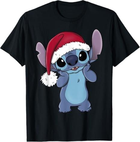 Lilo Stitch Christmas Santa Hat Black TShirt S