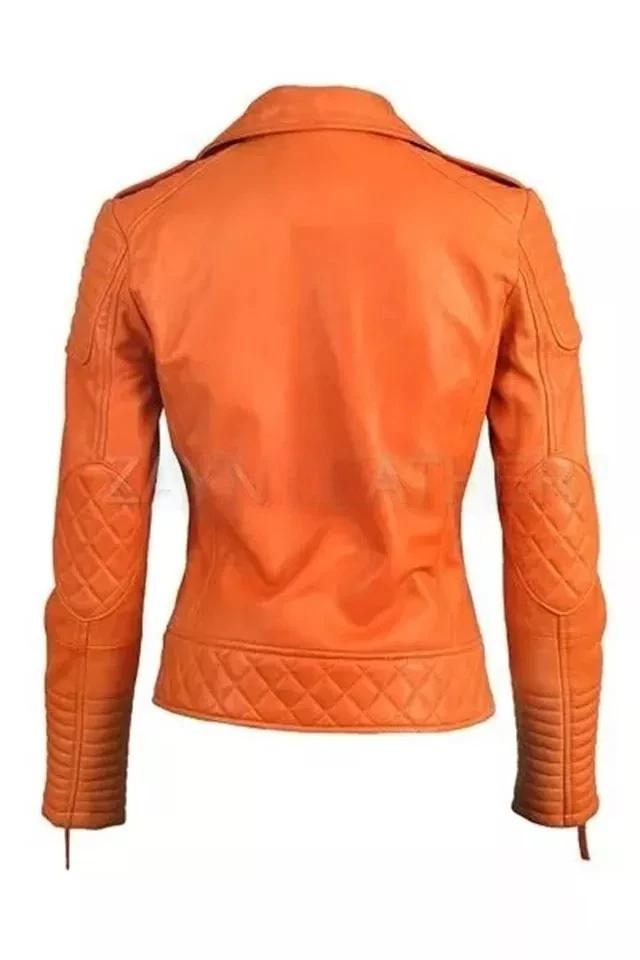 Orange Leather Jacket Handmade Biker Designer Stylish Genuine Lambskin Women's