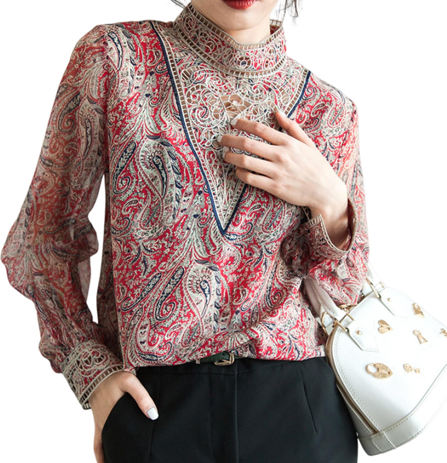 

Блузка из вышитого кружева с узором пейсли для ажурного цветочного стильного стильного кружева кондиционирования воздуха [MARIA MARFA] женская, прозрачная, весна, лето,