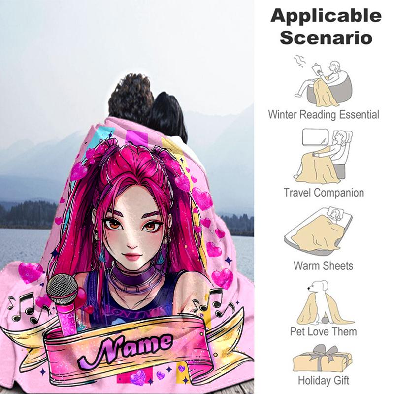 1PC Custom Name Pink Hair Hearts flannel blanket versatile, all-season throw suitable for the living room, bedroom, camping, travel, and gift