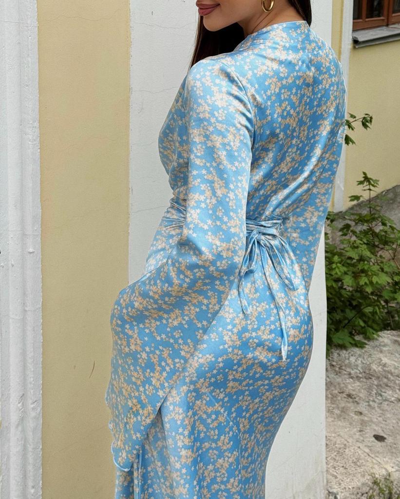 2025 Spring High-End French V-Neck Satin Print Swing Dress