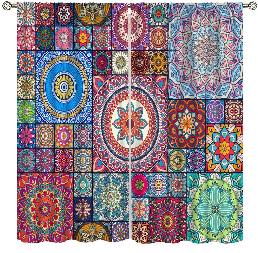 Galaxy Mandala Bedroom Curta - Boho Geometric Colorful Pattern - W42 * L45 Inches