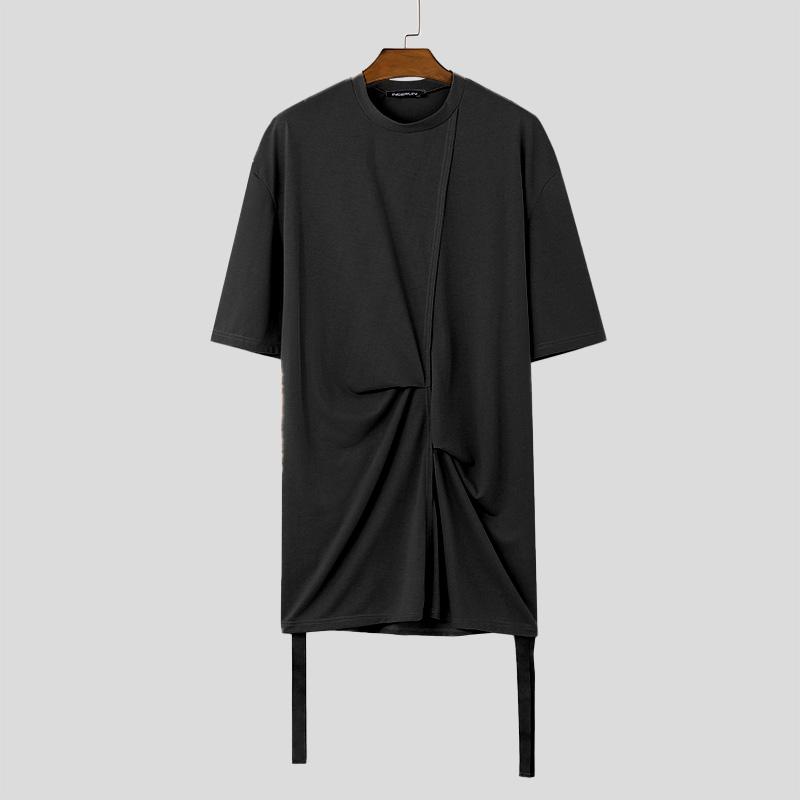 

INCERUN Мужские однотонные туники с коротким рукавом, повседневные длинные нестандартные футболки с оборками S чёрный