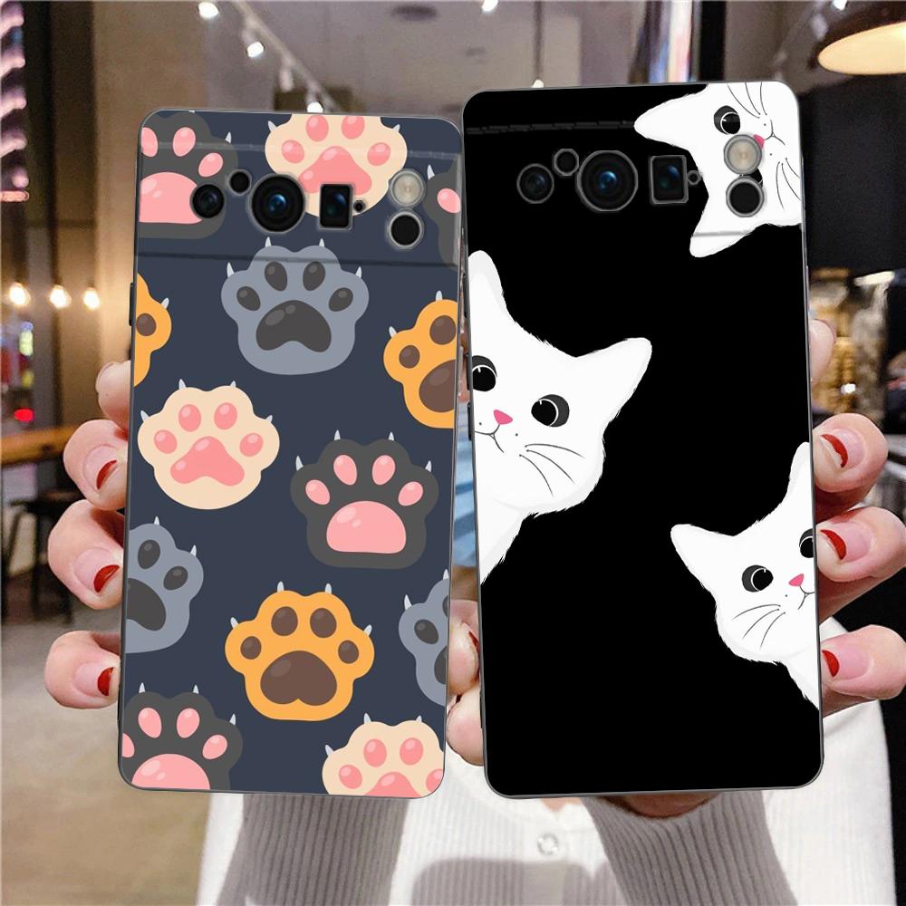 Cute Cat Phone Case For Google Pixel 9 8 7 6 Pro XL 8A 6A 7A 5G Soft Shockproof TPU Black Cover Fundas