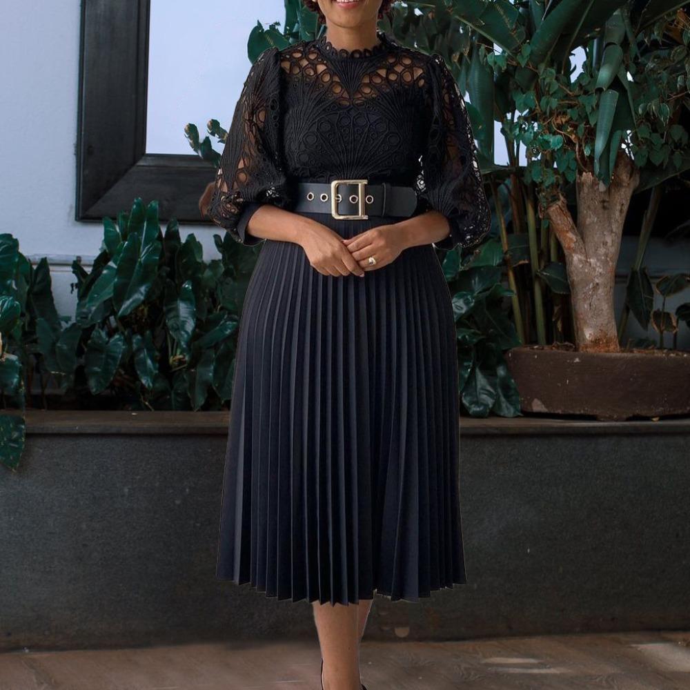 Women's Mock Neck Three Quarter Sleeve Midi Dress Loose Fit High Waist Elegant Hollow Lace Pleated A Line Dress Party Formal Dress