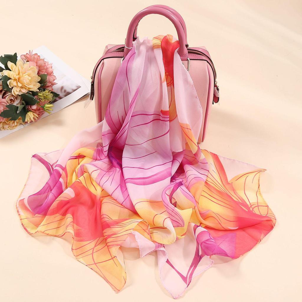 Chiffon Lotus Print Long Scarf - Lightweight, Thin Spring/Autumn Silk Accessory for Middle-Aged & Elderly